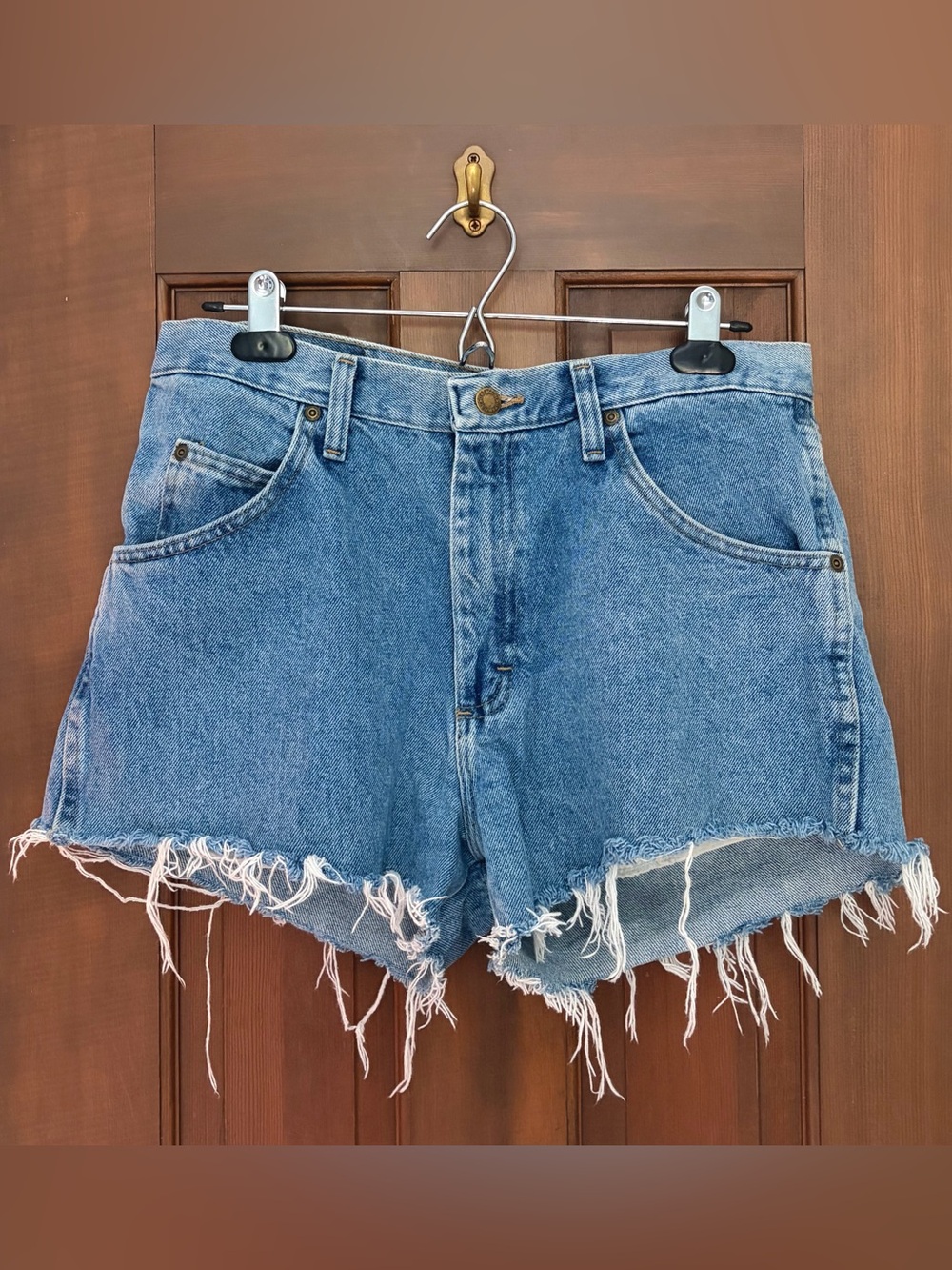 Wrangler High Waisted Cut Off Jean Shorts Medium Wash Denim